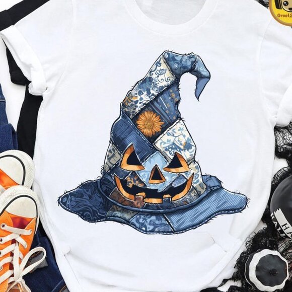 Retro Halloween Blue Denim Ghost Tee - Picture 1 of 4